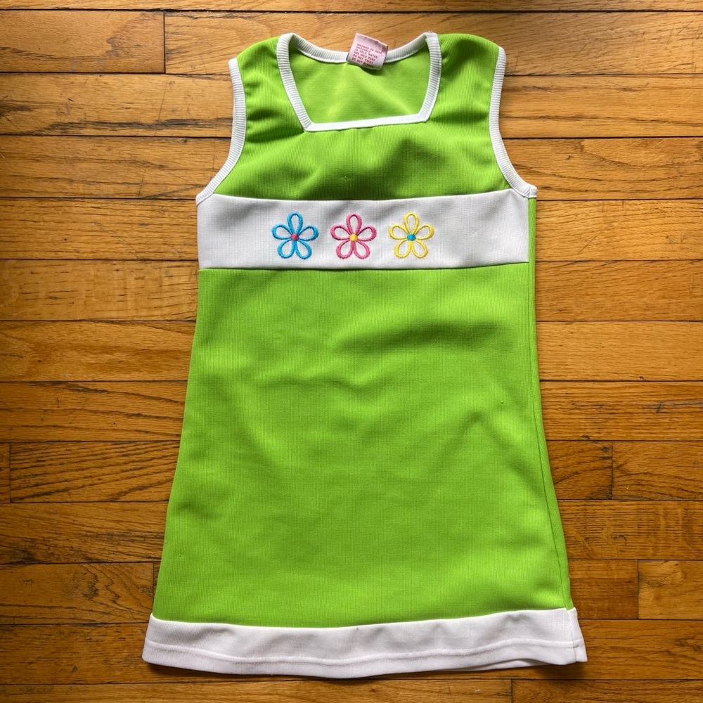 Vintage girls lime bright green 60s mod shift dress embroidered flowers on front